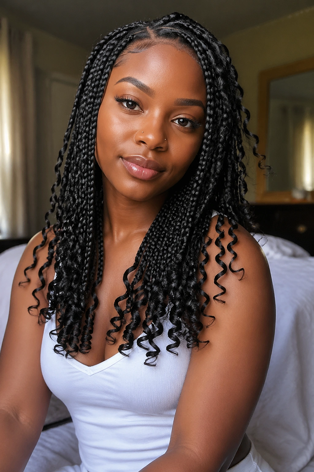 Close-up of a real woman with soft spiral ends on medium-length goddess box braids in warm window light