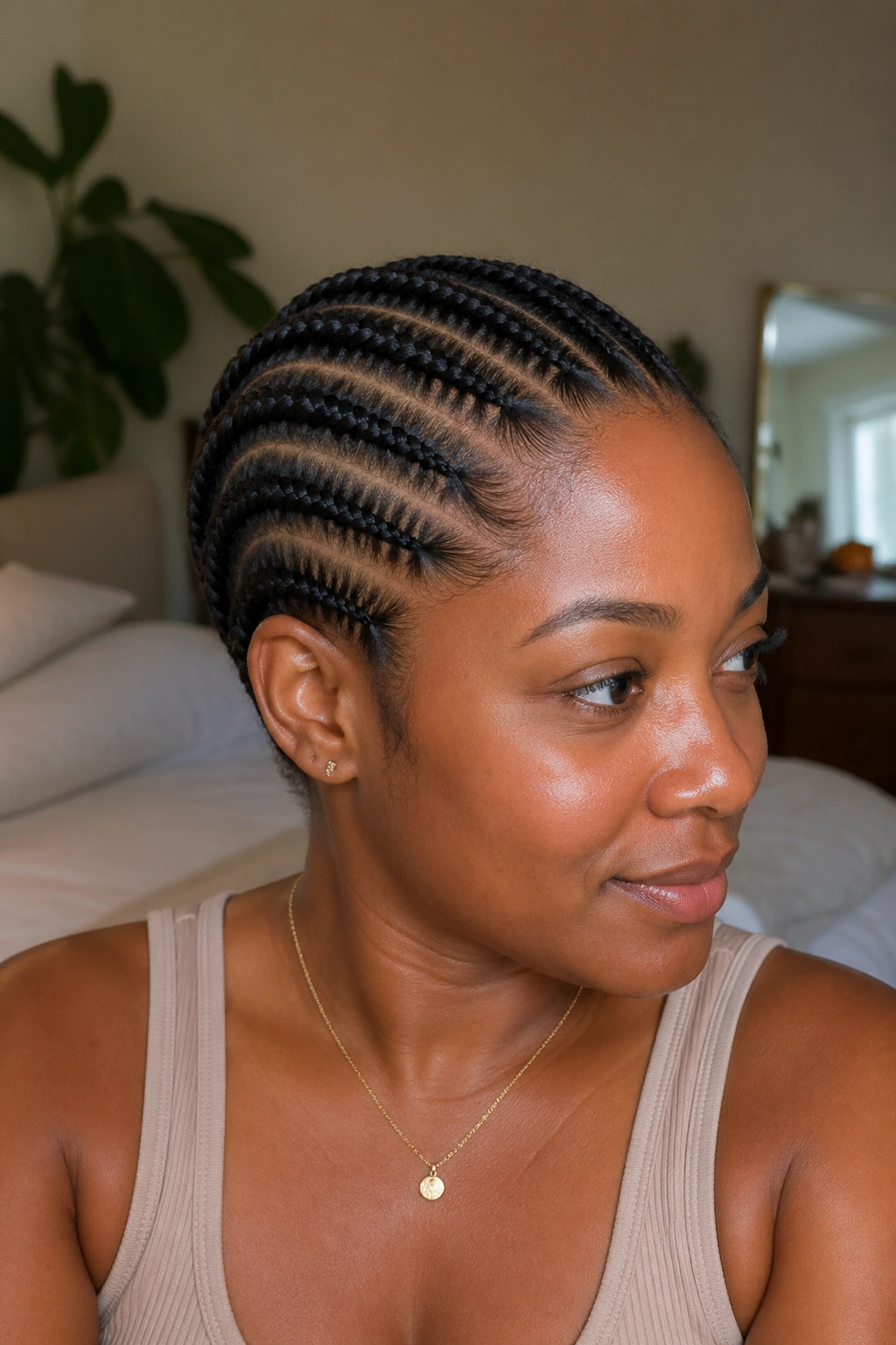 Close-up of a real woman with straight-back goddess braids and neat parts from hairline to nape