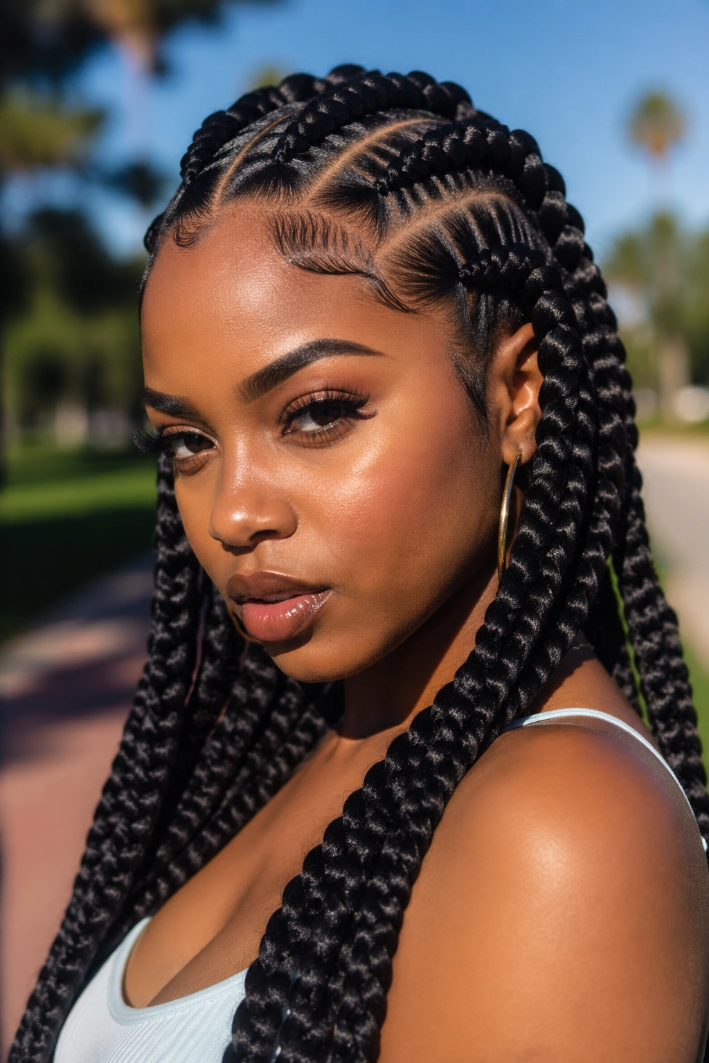 Real person with thick goddess braids in a close-up portrait.