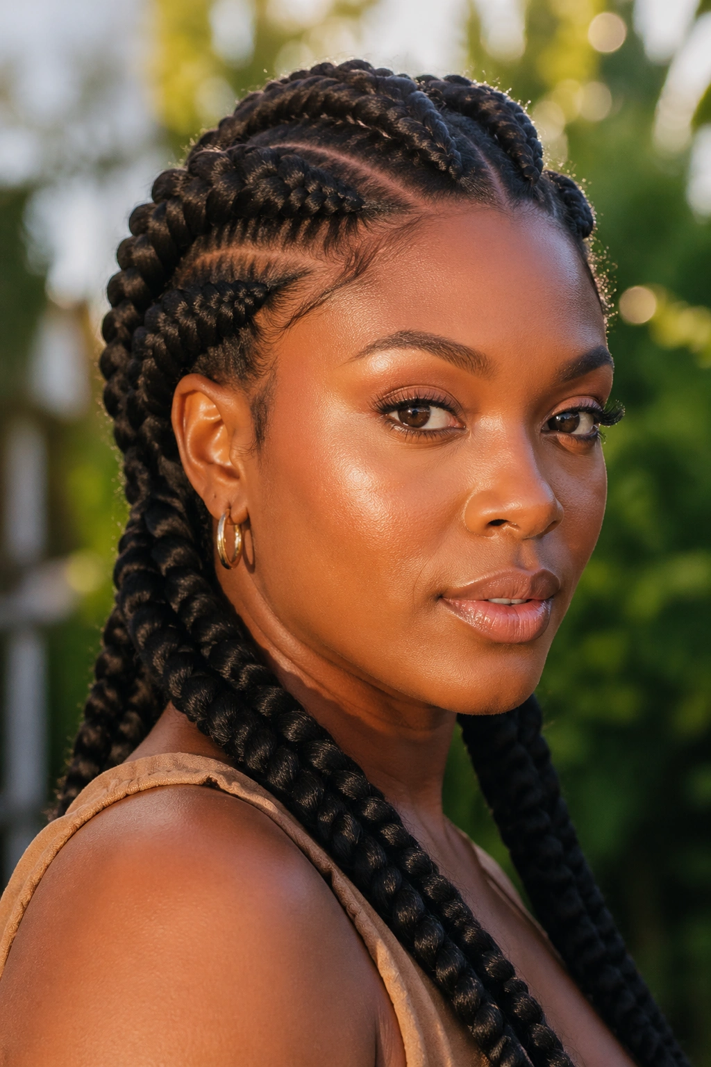 Close-up of thick goddess braids on a real woman in a sunny garden
