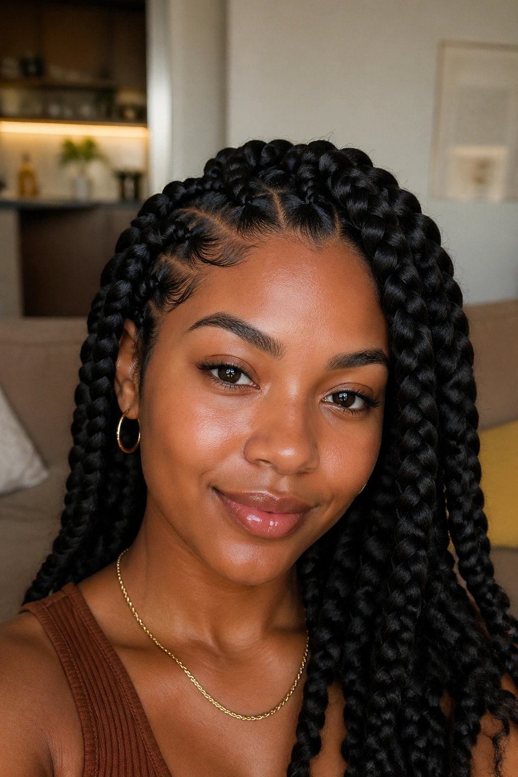 Close-up of a real woman with thick Goddess Braids in a relaxed setting.