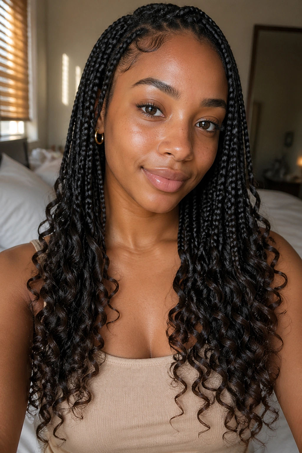 Close-up of a real woman with goddess-end box braids and curly ends
