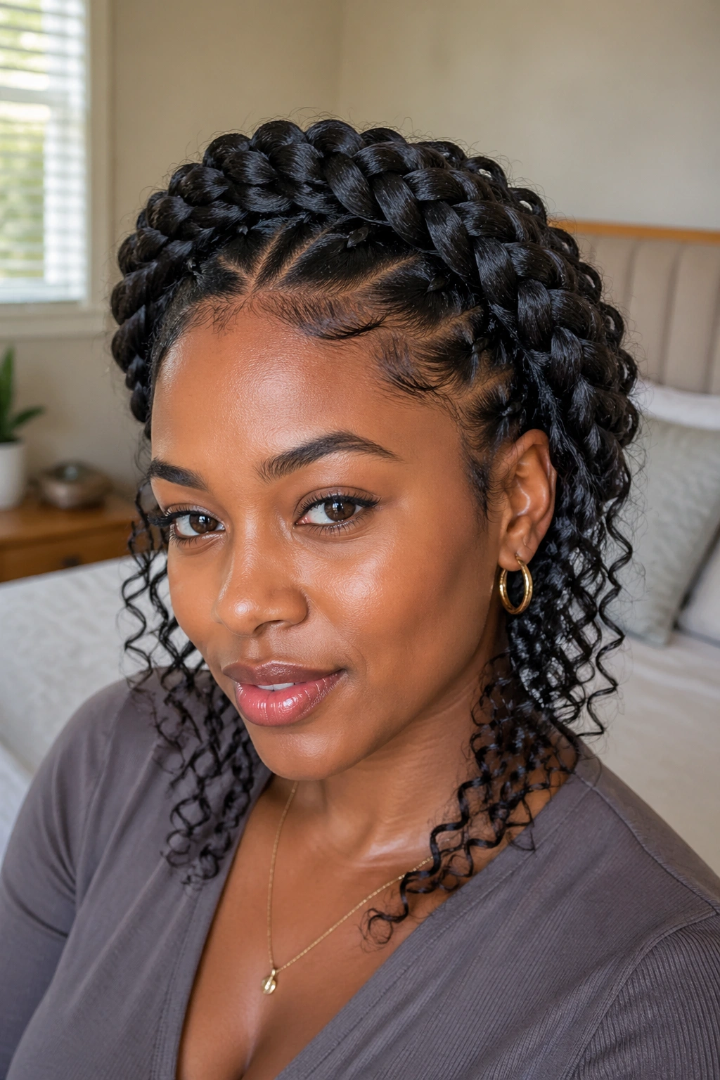 Close-up of goddess halo braid with loose crochet curls on a real woman
