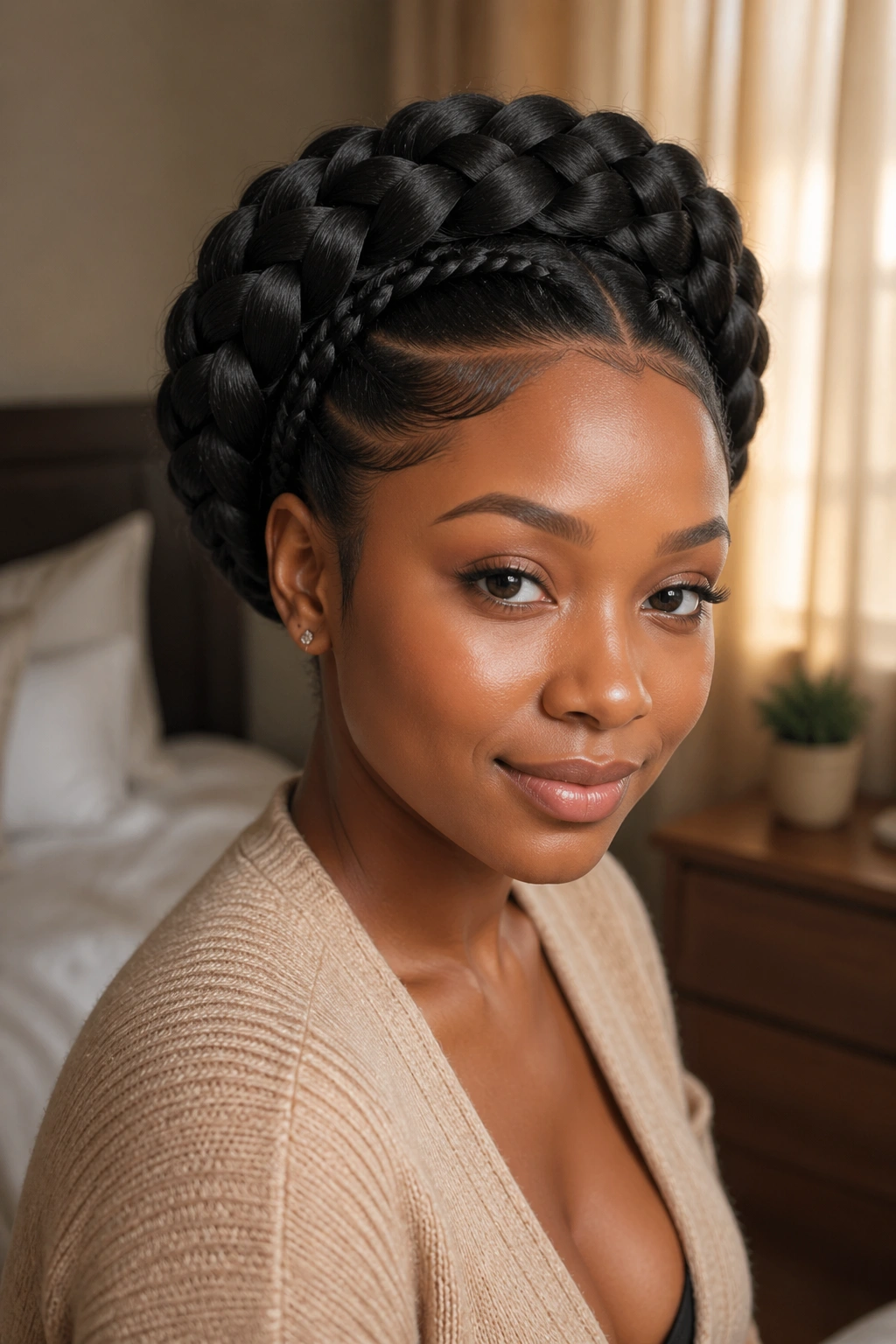 Close-up of a real woman wearing a goddess halo braid with extensions
