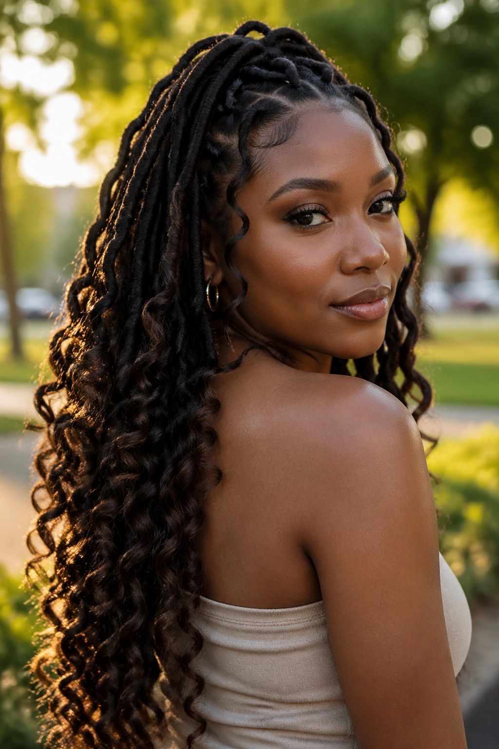 Close-up portrait of a real woman with goddess loc crochet braids and loose ends