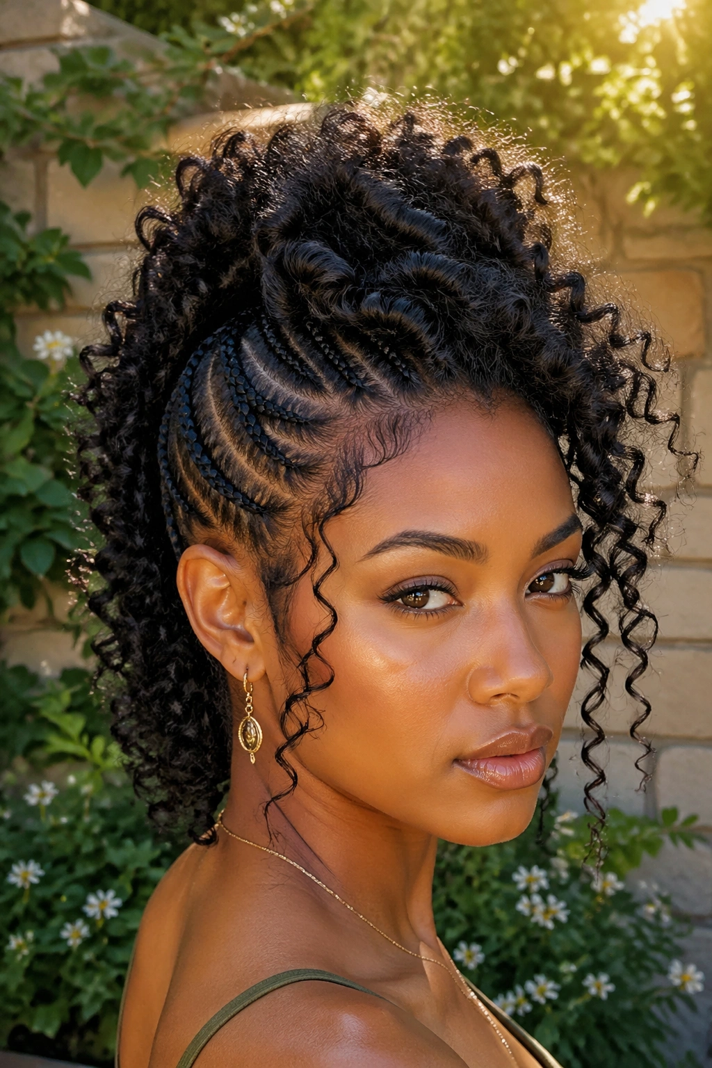 Close-up portrait of a real woman with goddess mohawk braids and loose curls framing the face.