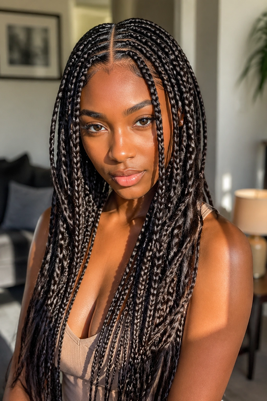 Close-up of a real person with long layered goddess stitch braids and a sharp middle part