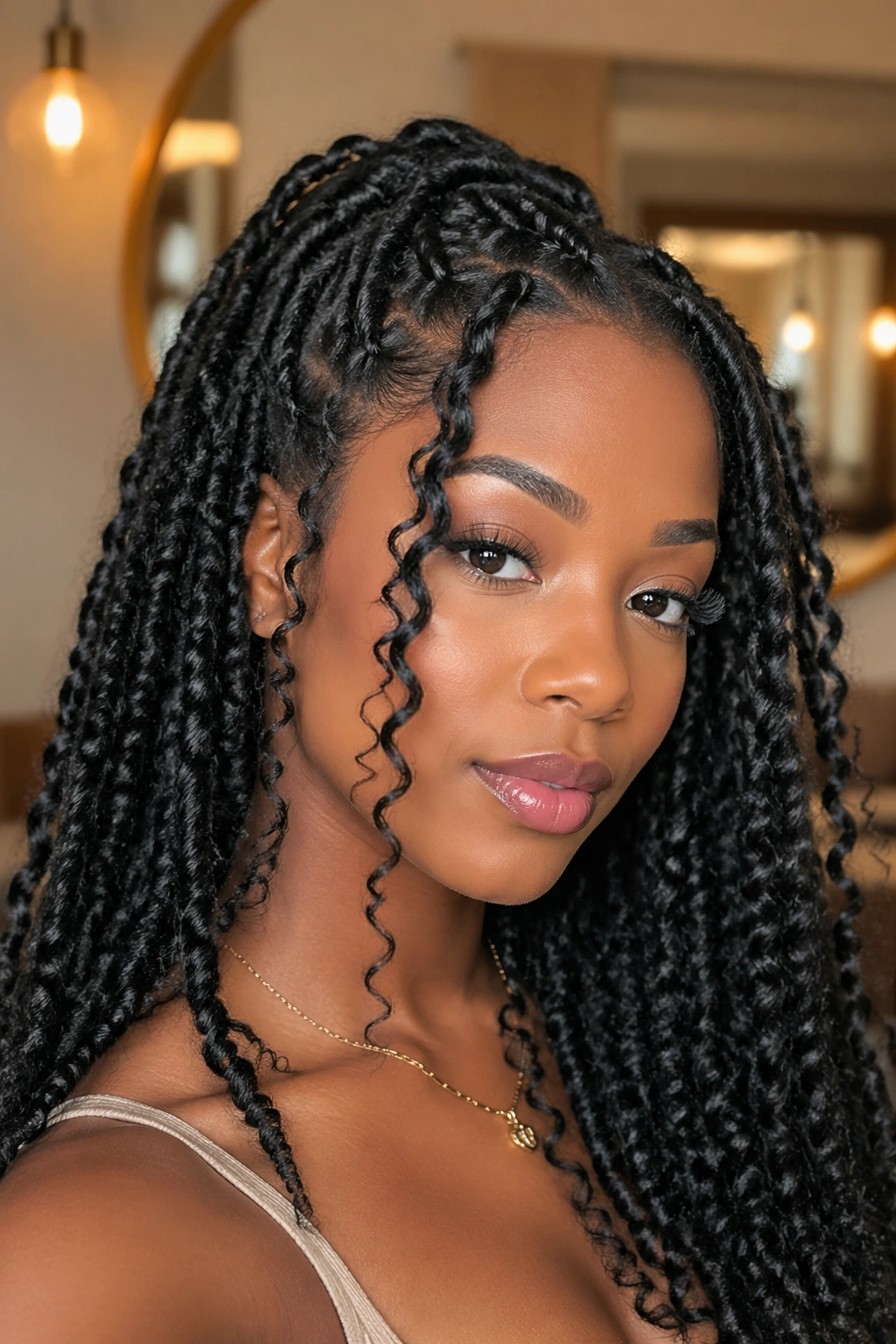 Close-up of goddess twists with face-framing pieces on a real woman
