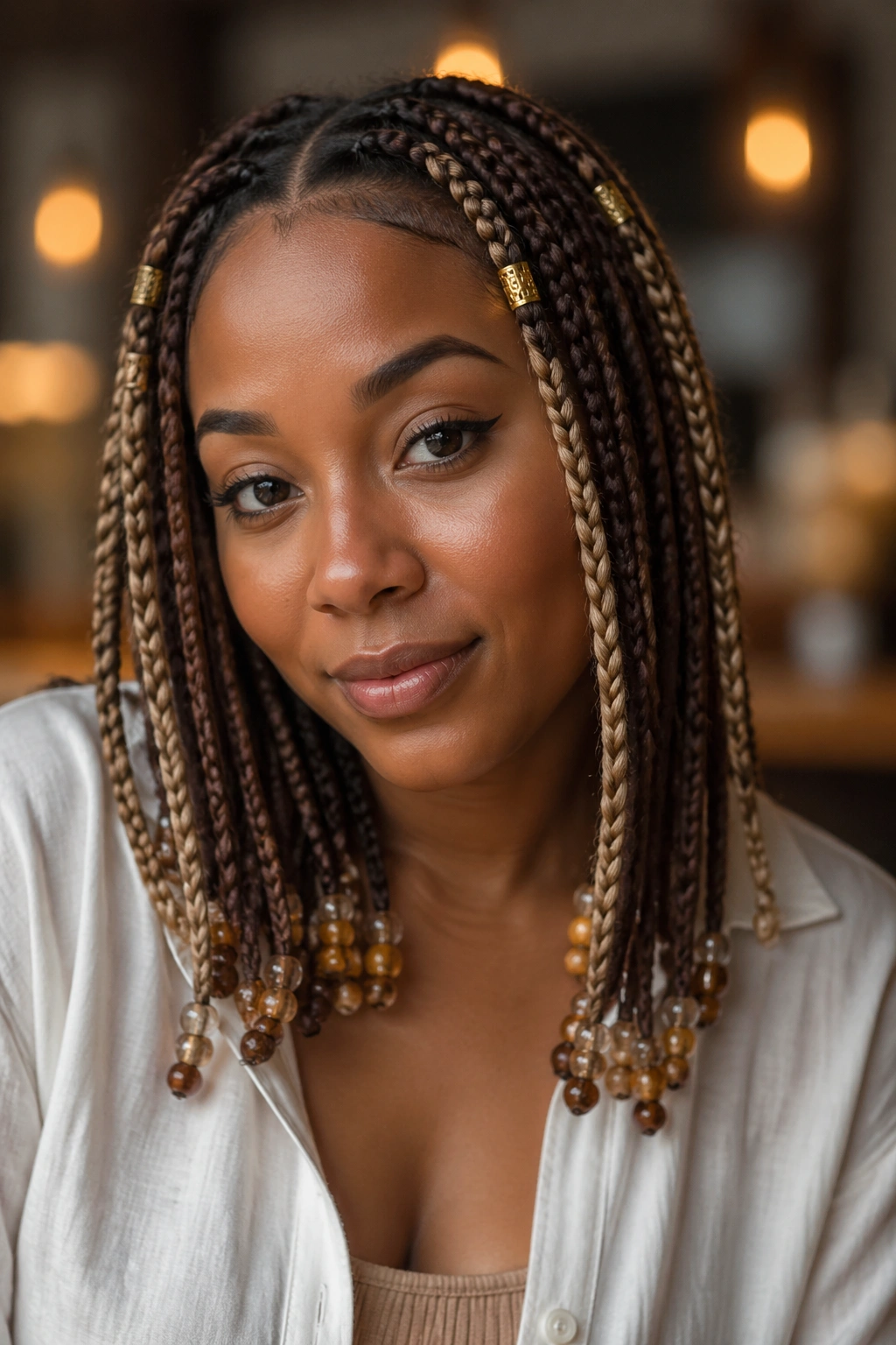 Close-up of a real person with blonde and brown beaded braids and small gold cuffs