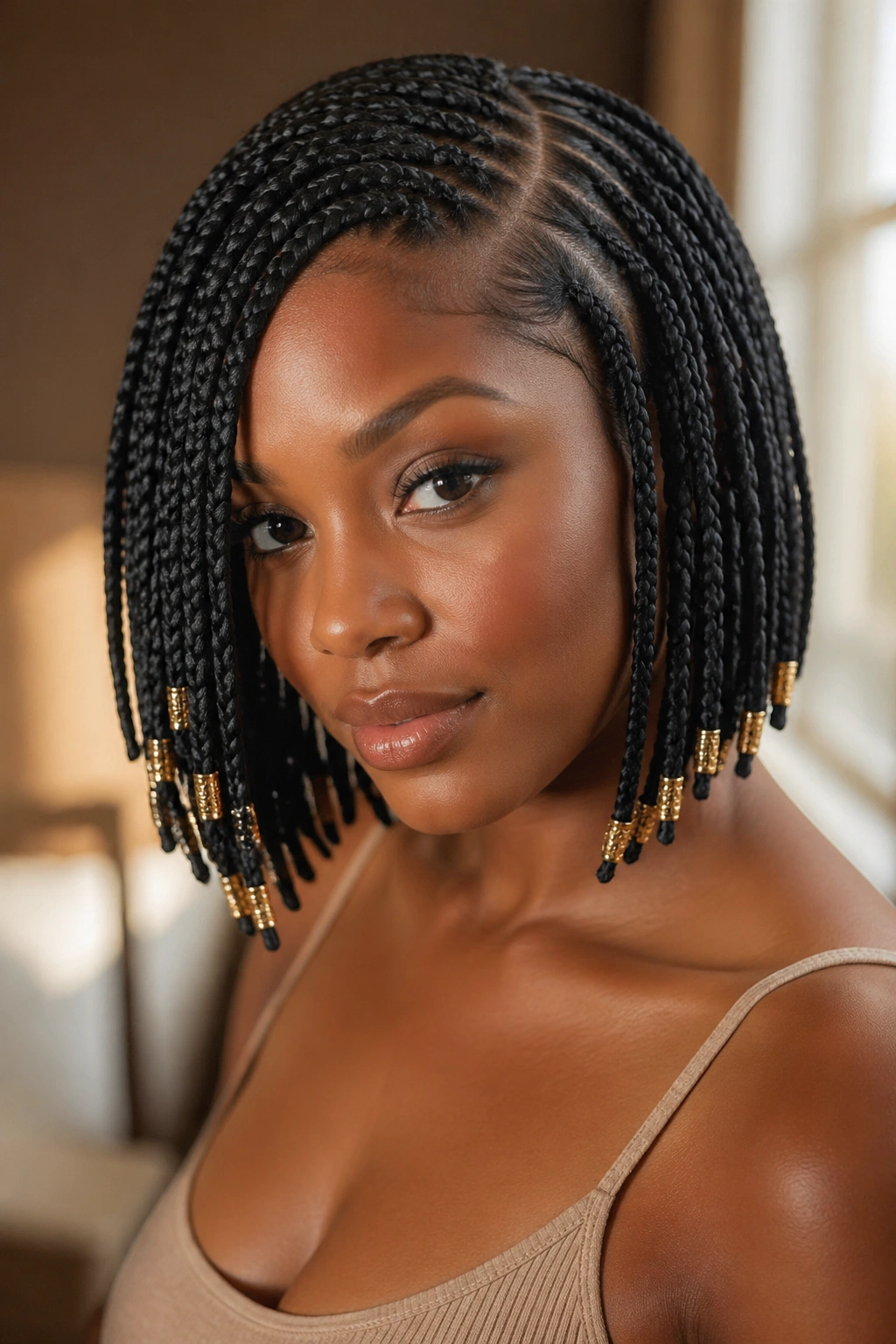 Close-up portrait of a real person with Deep Side-Part Bob With Gold Bead Drops