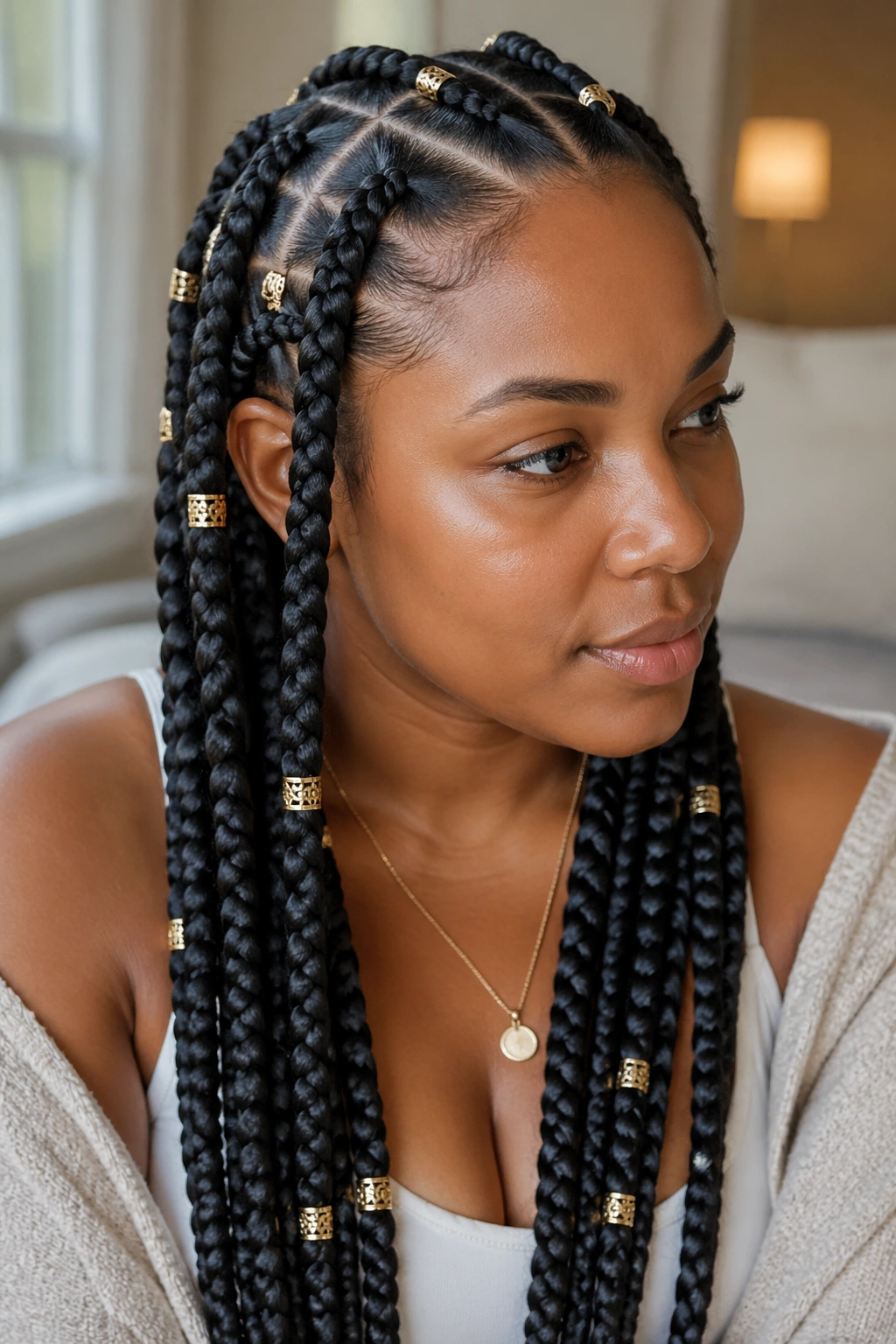 Close-up portrait of a real woman with jumbo feed-in braids and gold cuffs
