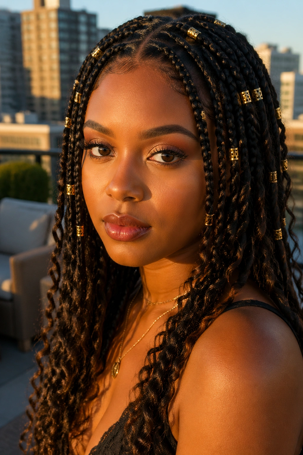Real woman with small goddess braids and gold cuffs in golden hour light
