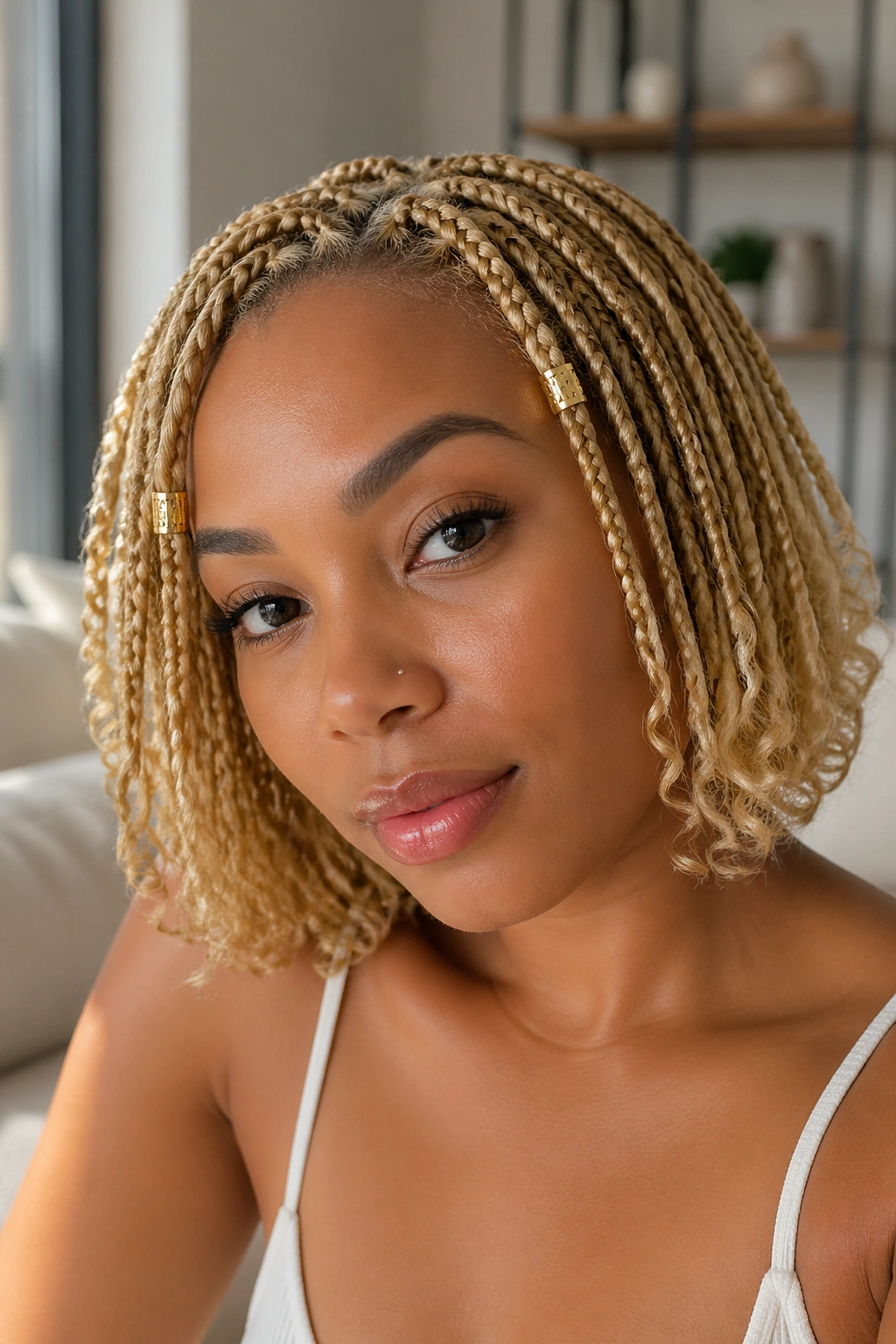 Real woman with golden blonde box braids and gold cuffs in a close-up