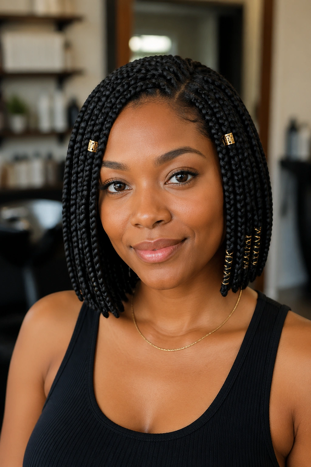 Close-up of a real woman wearing gold cuffs and string-wrapped ends on a short bob