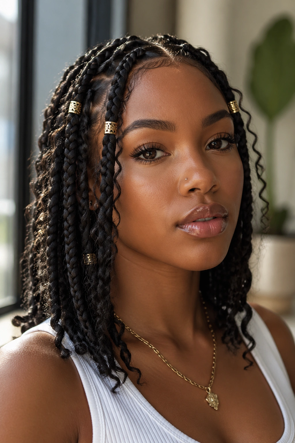 Close-up portrait of a real woman with medium goddess braids and gold cuffs on front braids