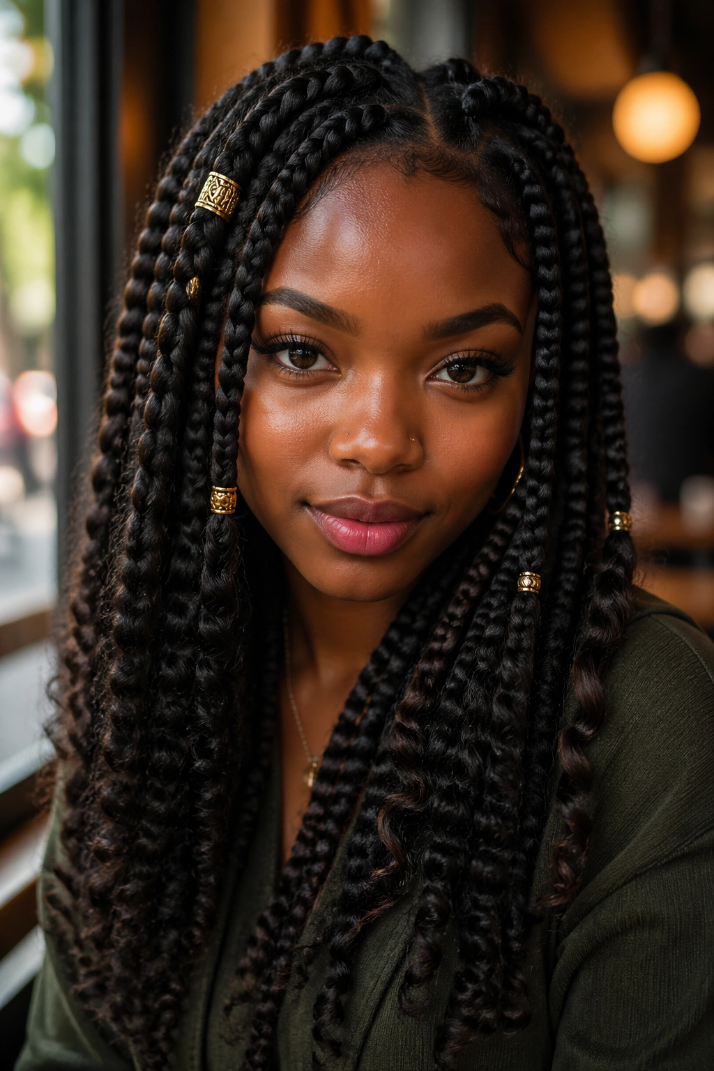 Close-up of a real woman's hair with gold cuffs on jumbo goddess braids