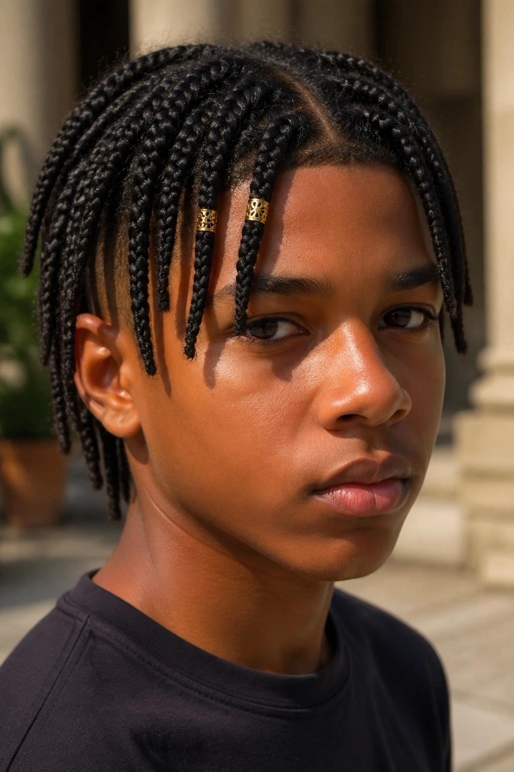 Close-up of a real boy with medium box braids and gold cuffs near the front