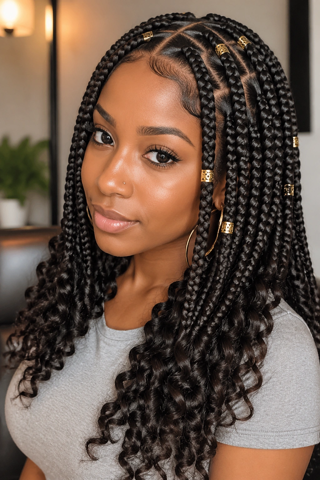 Close-up of triangle-part braids with gold cuffs and curved ends on a real person