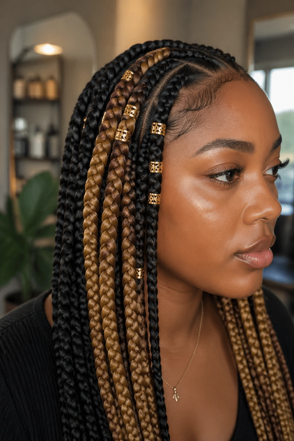 Close-up of gold cuffs on jumbo half-and-half braids on a real person