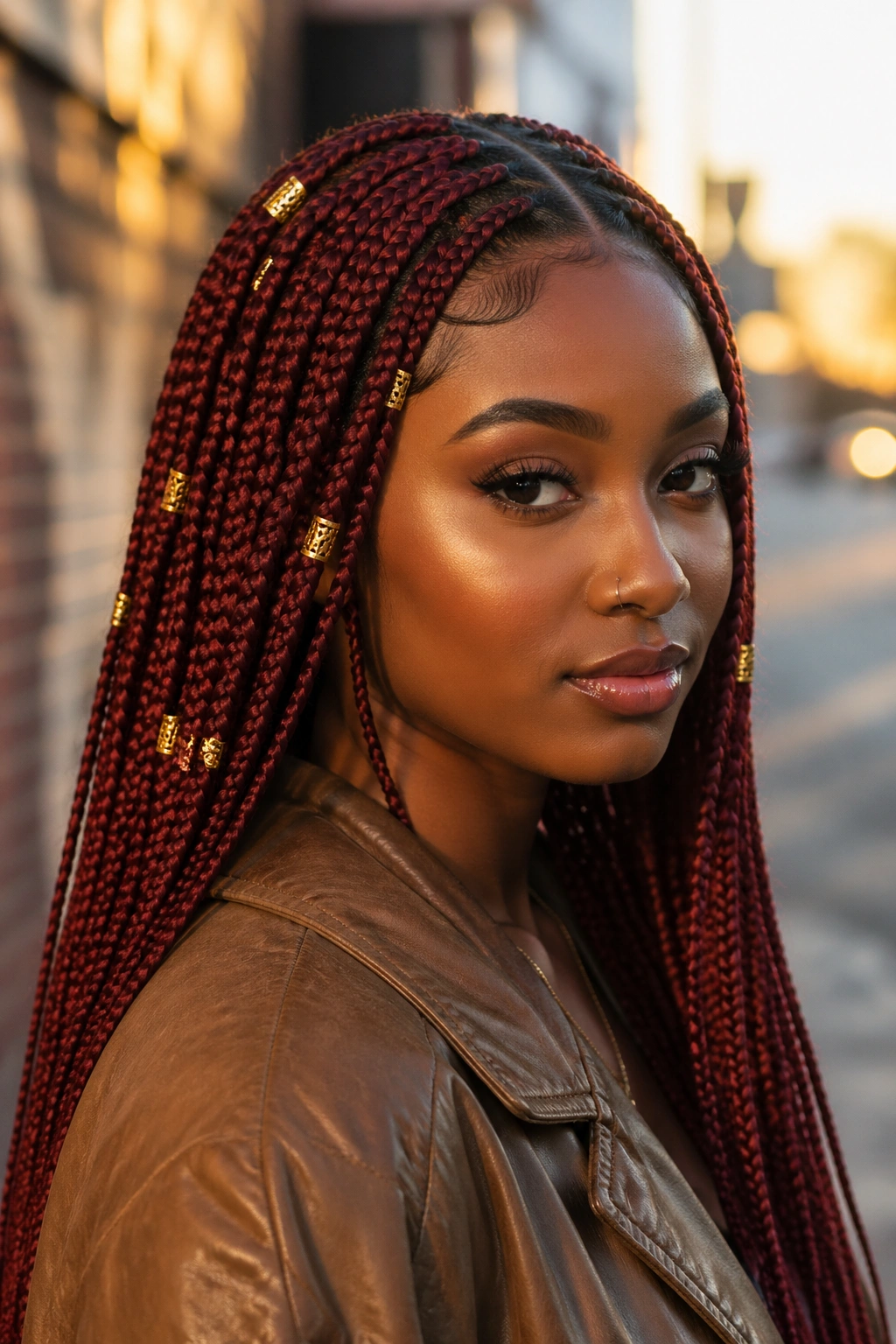 Gold-cuffed center-part red braids on a real person with golden hour street backdrop