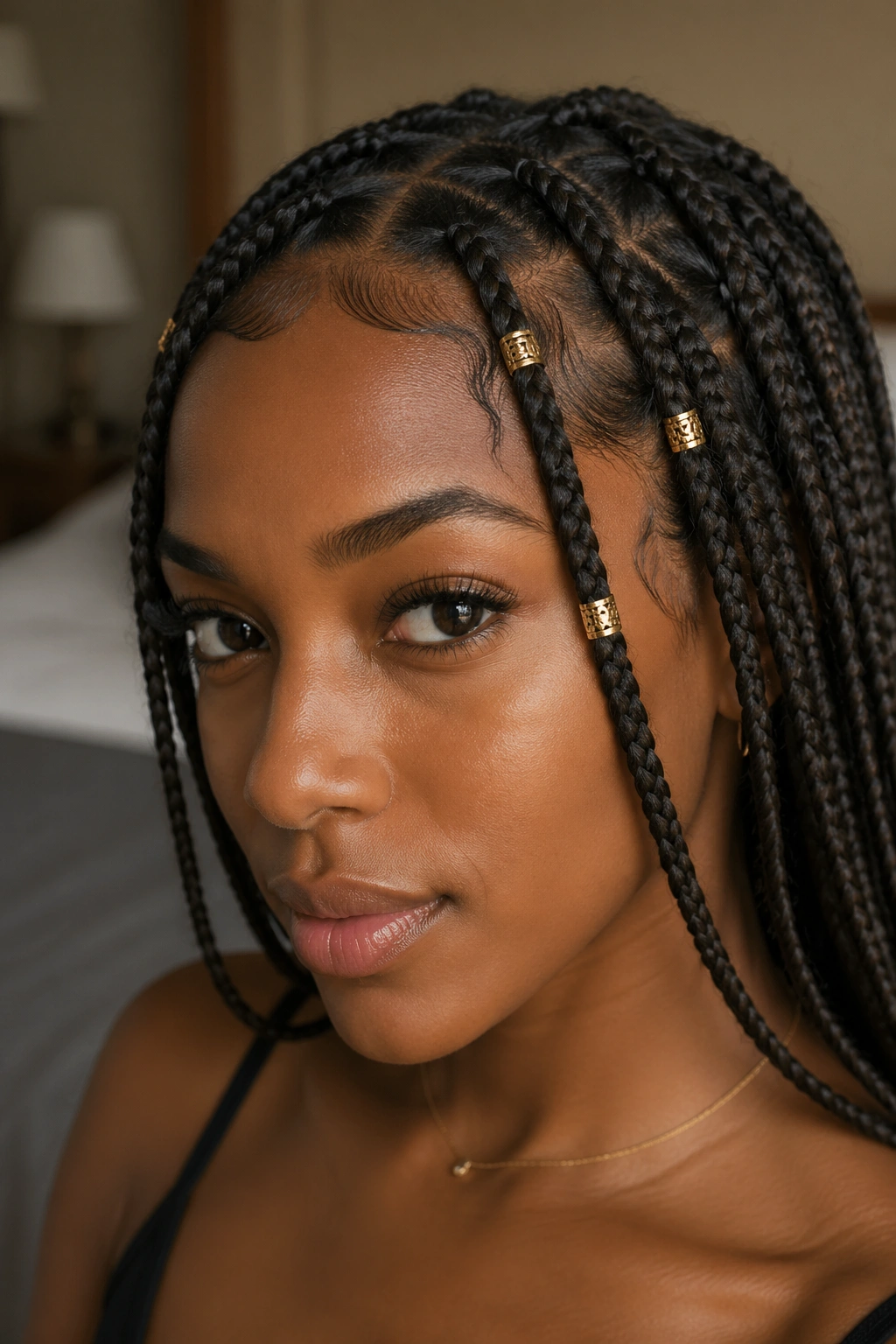 Close-up of knotless box braids with subtle gold cuffs near the front