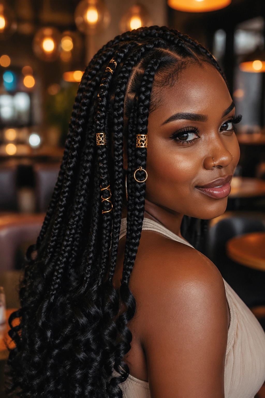 Real woman with jumbo braids accented by gold cuffs and rings in a chic lounge setting