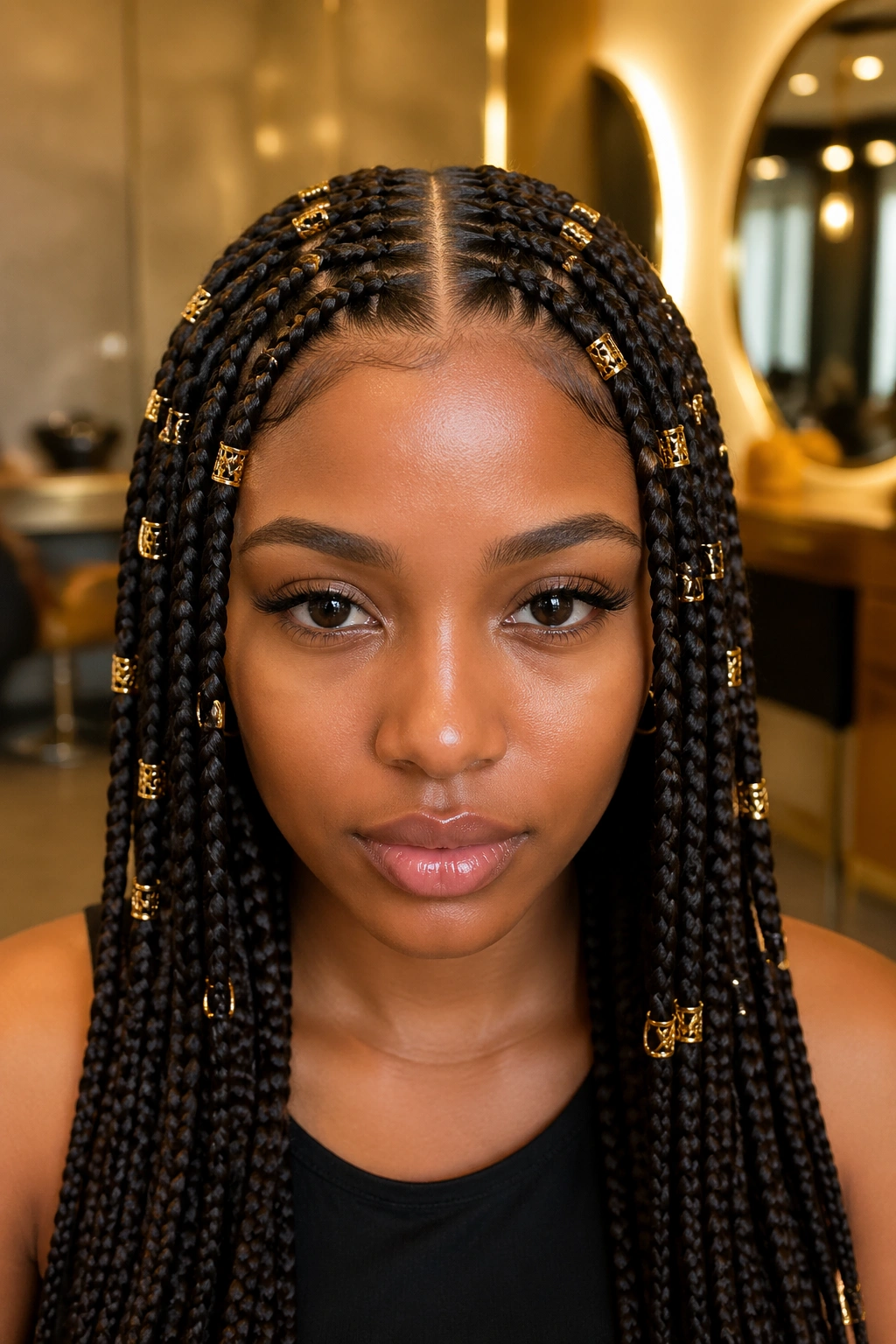 Real person with stitch braids and gold cuffs along the braids
