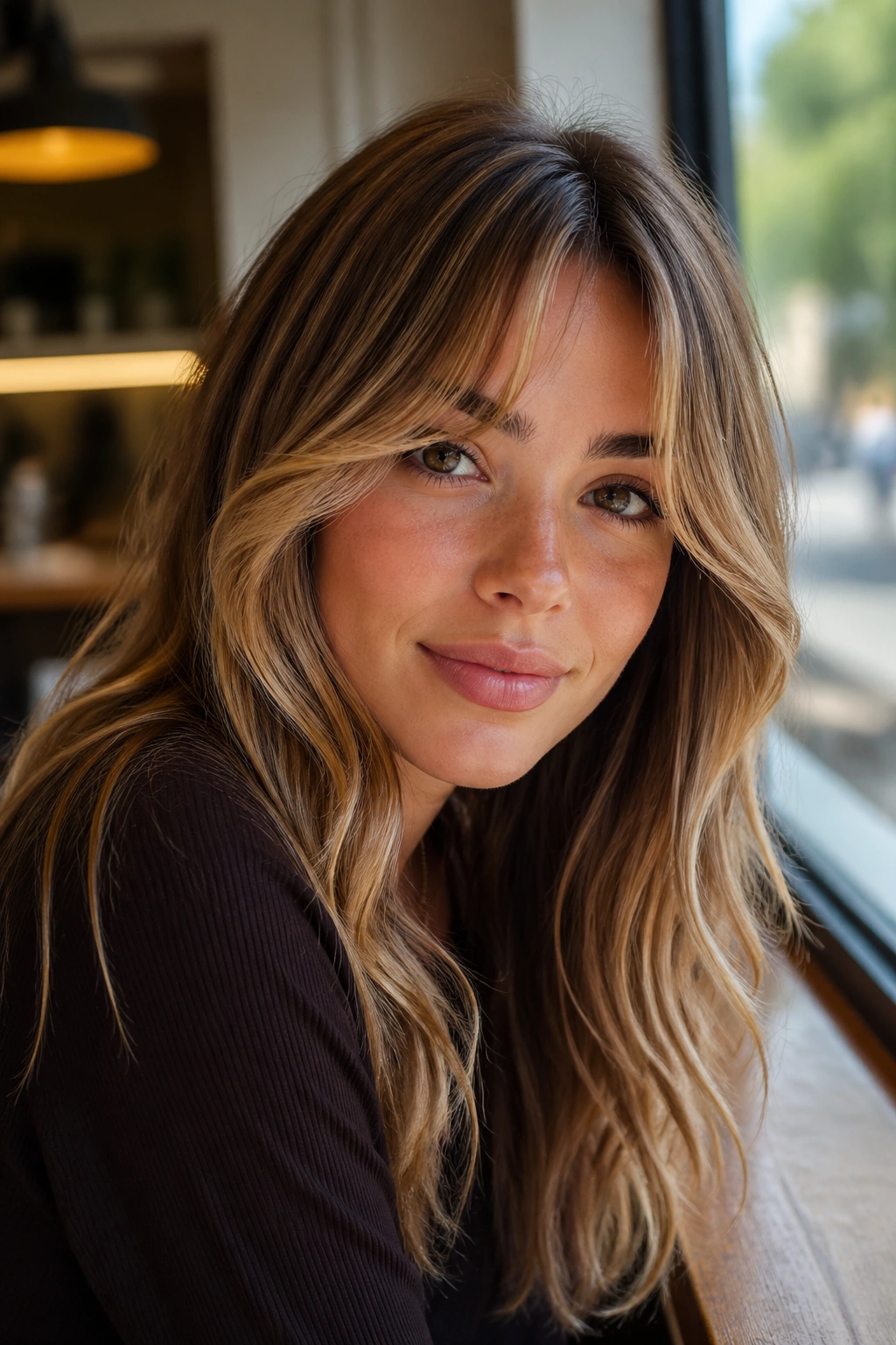 Portrait of a woman with gold-tipped curtain bangs in natural light