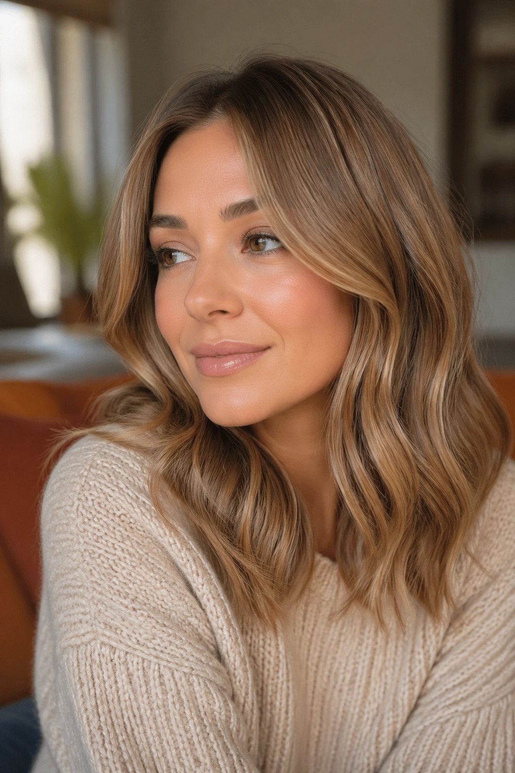 Close-up portrait of Golden Almond Brown hair with creamy base and golden highlights.