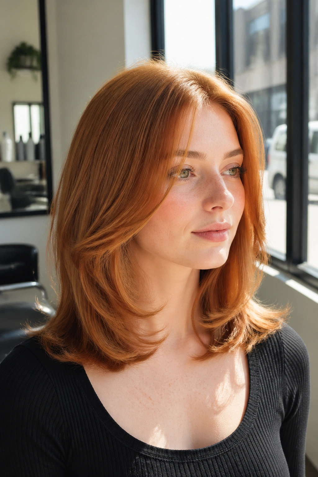Close-up of a woman with mid-length hair in golden auburn blowout