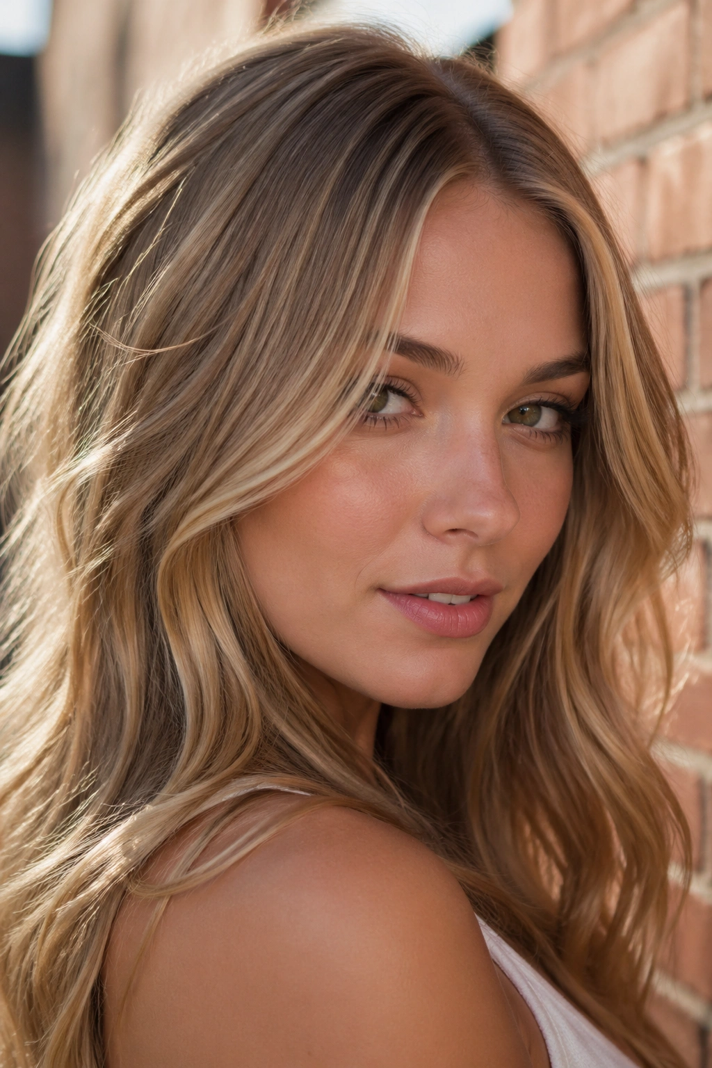 Close-up portrait of a real woman with golden beige dark blonde hair in golden hour light.