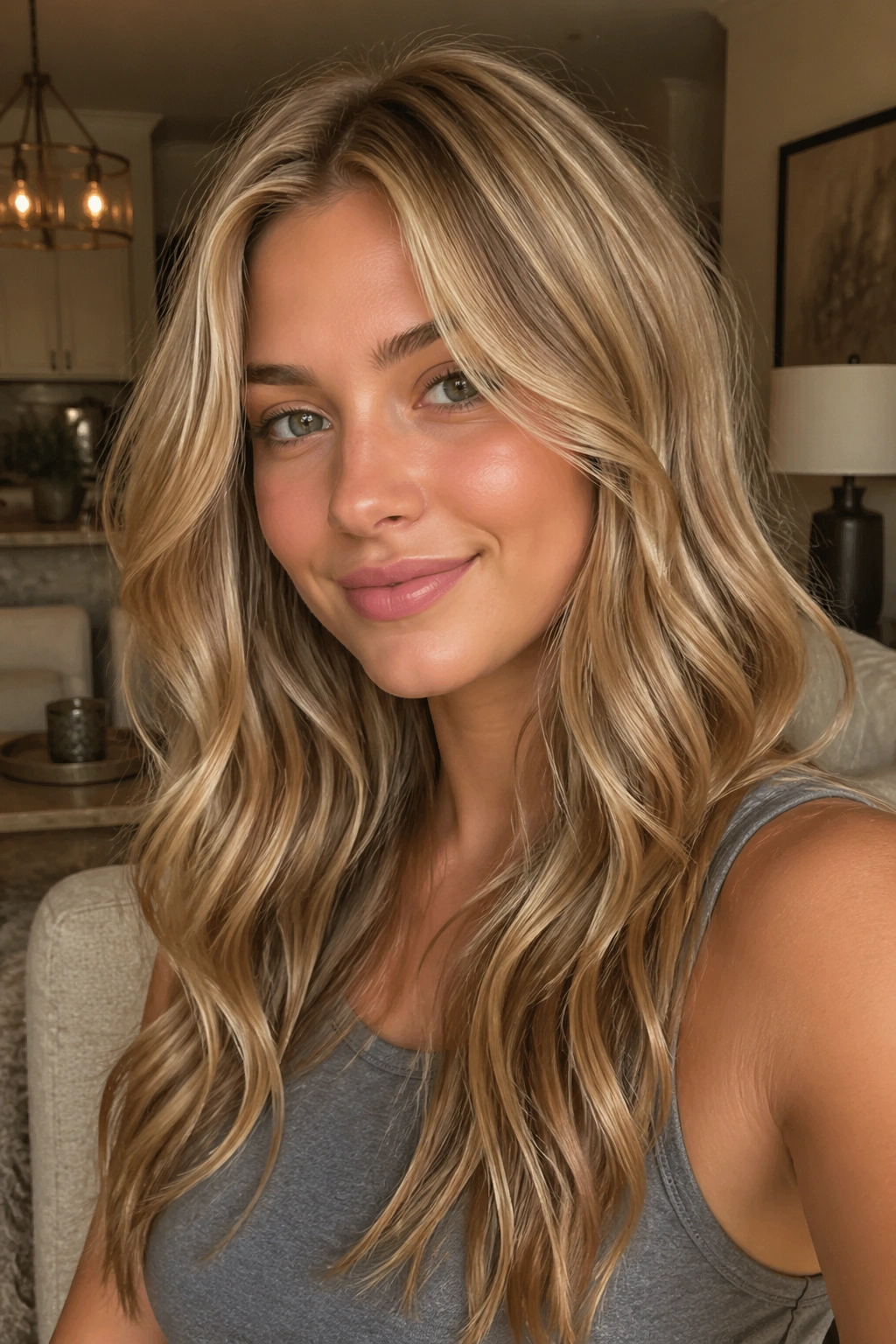 Close-up portrait of a real woman with golden blonde and bronze lowlights
