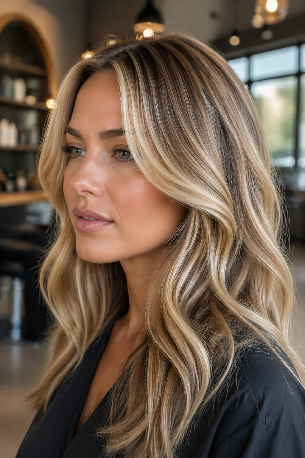 Portrait of a real woman showing golden blonde contouring around the cheeks and temples.