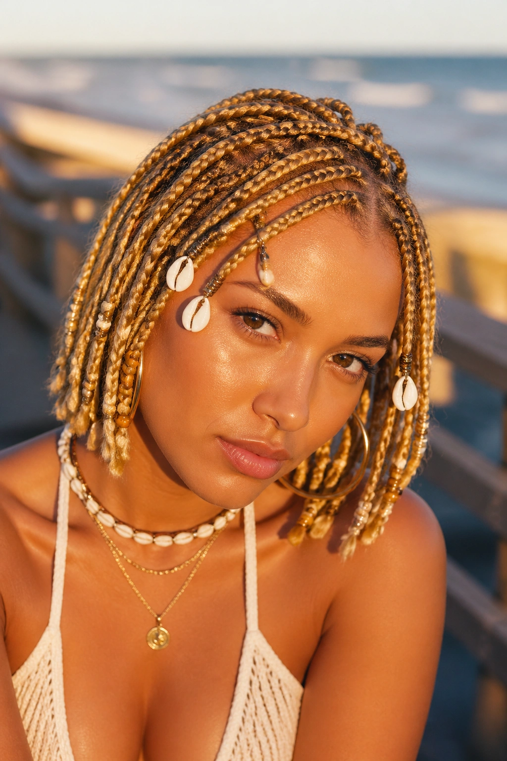 Close-up of real woman with golden blonde braids and cowrie shells