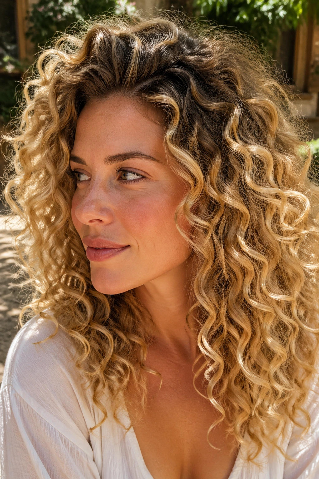Close-up of a woman with golden blonde curls and a deep crown root.