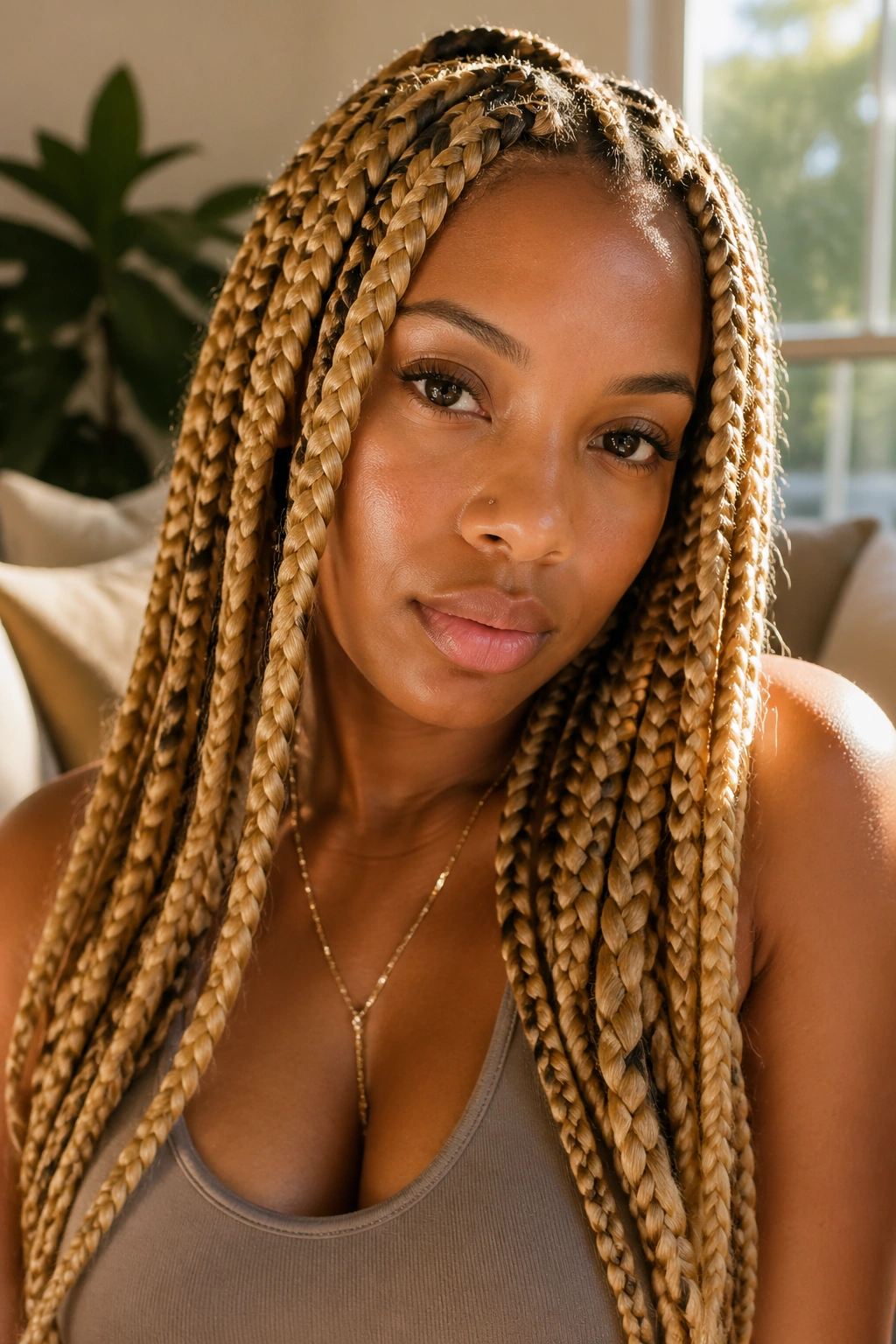 Close-up of a real woman with jumbo braids in golden and honey blonde tones.