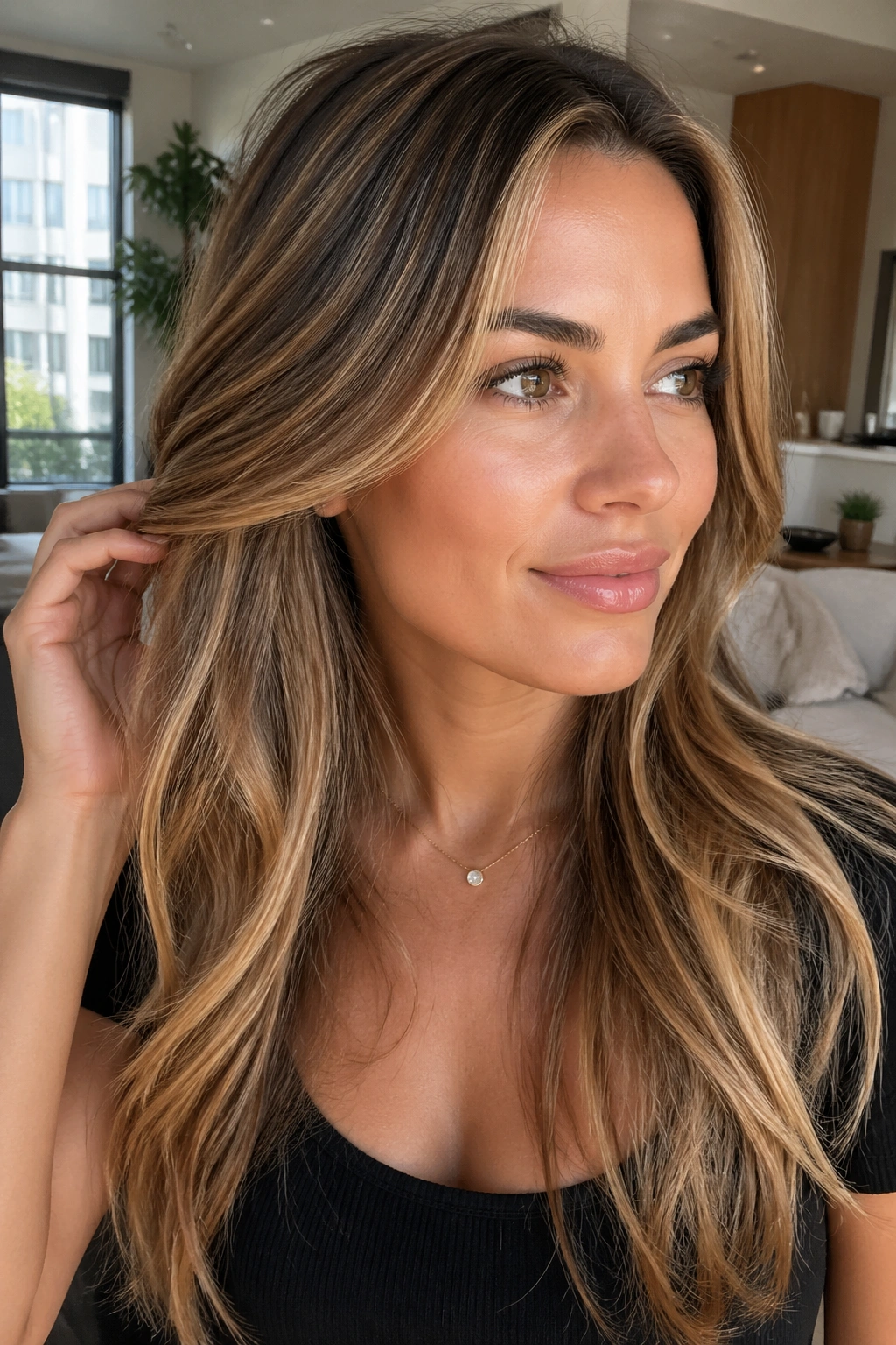 Real woman with golden bronde top-layer highlights