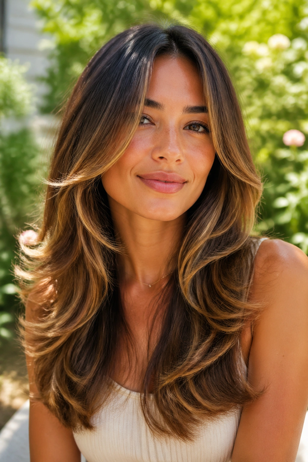 Close-up of a real woman with golden brown balayage on a butterfly cut