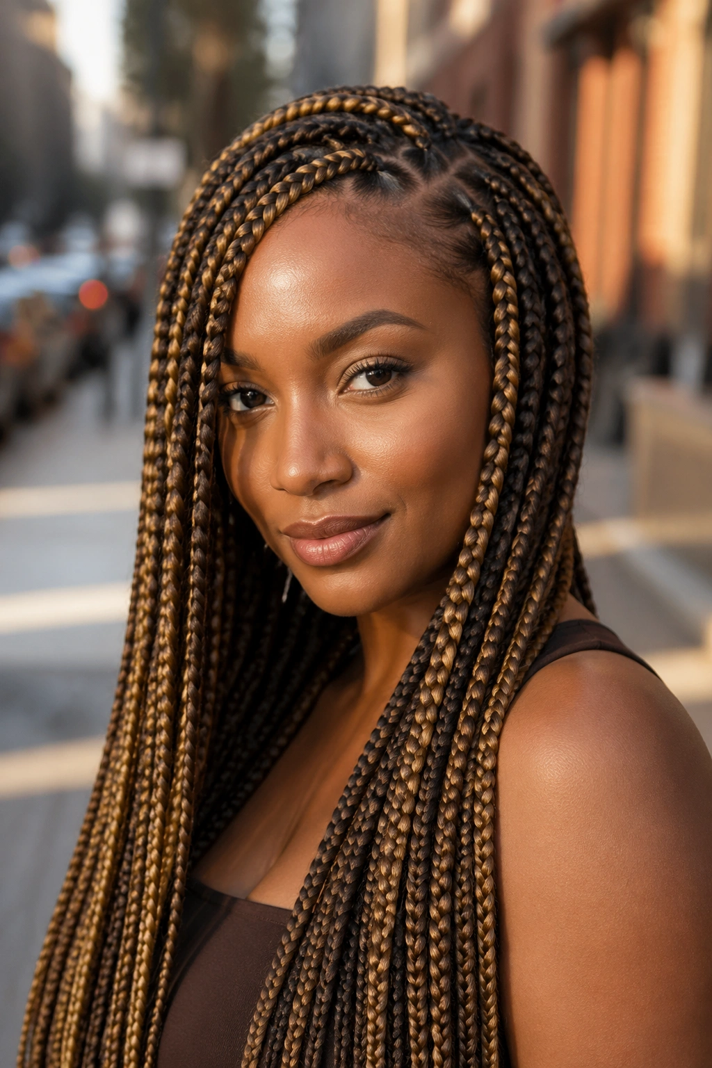 Close-up of knotless illusion with golden-brown highlights in medium box braids on a real person