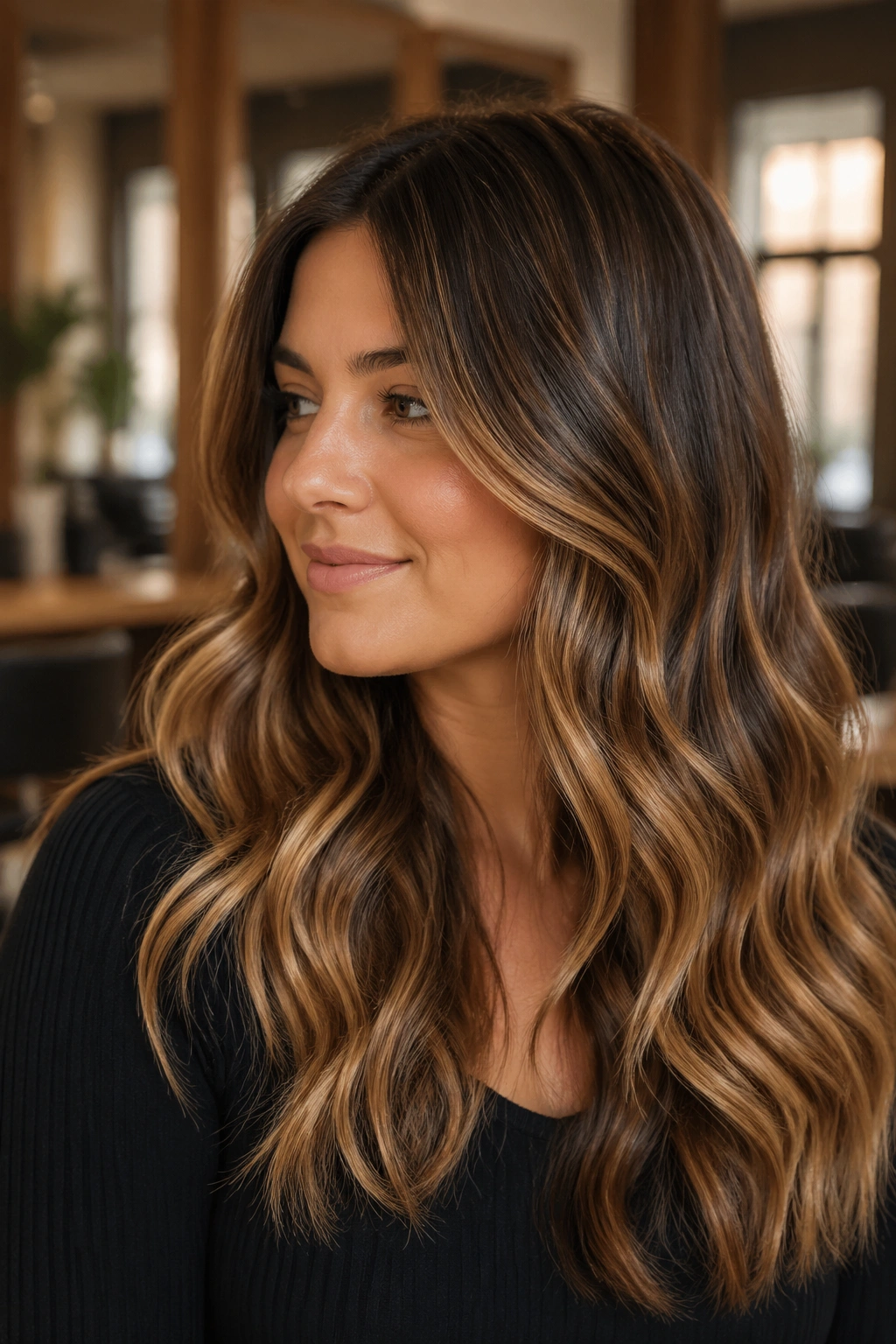 Close-up of a real woman with golden brunette balayage and glossy finish.