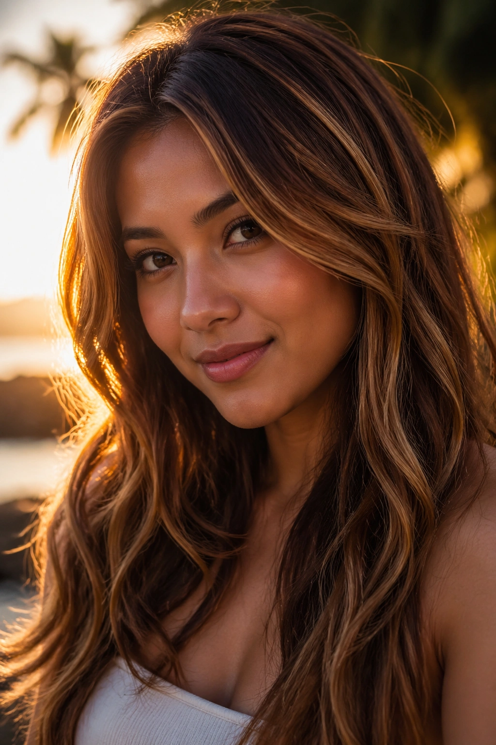 Close-up of a woman with golden ribbons in brunette hair during golden hour.