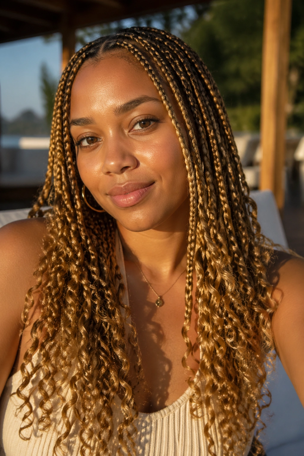 Close-up portrait of a real woman with golden caramel blonde braids and curly ends