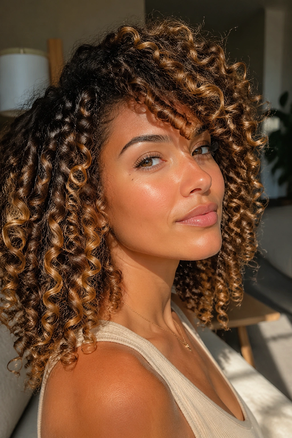 Close-up portrait of a real woman with curly hair featuring golden caramel balayage following curl pattern
