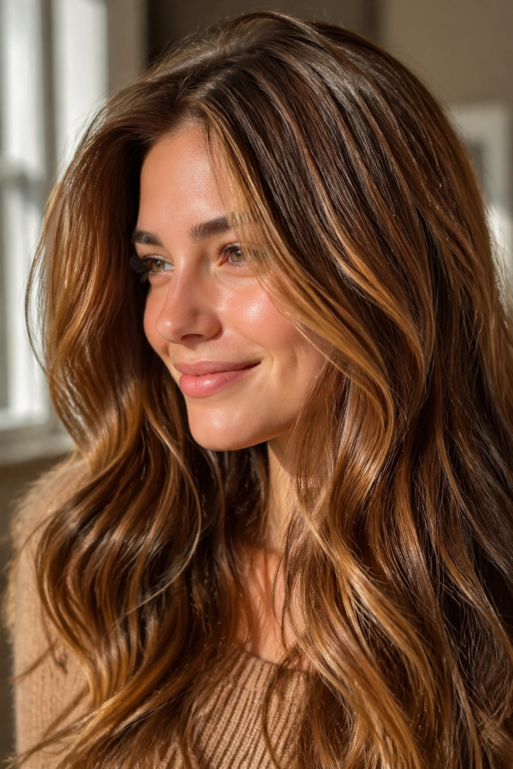 Close-up of golden chestnut hair with delicate gold babylights near the face