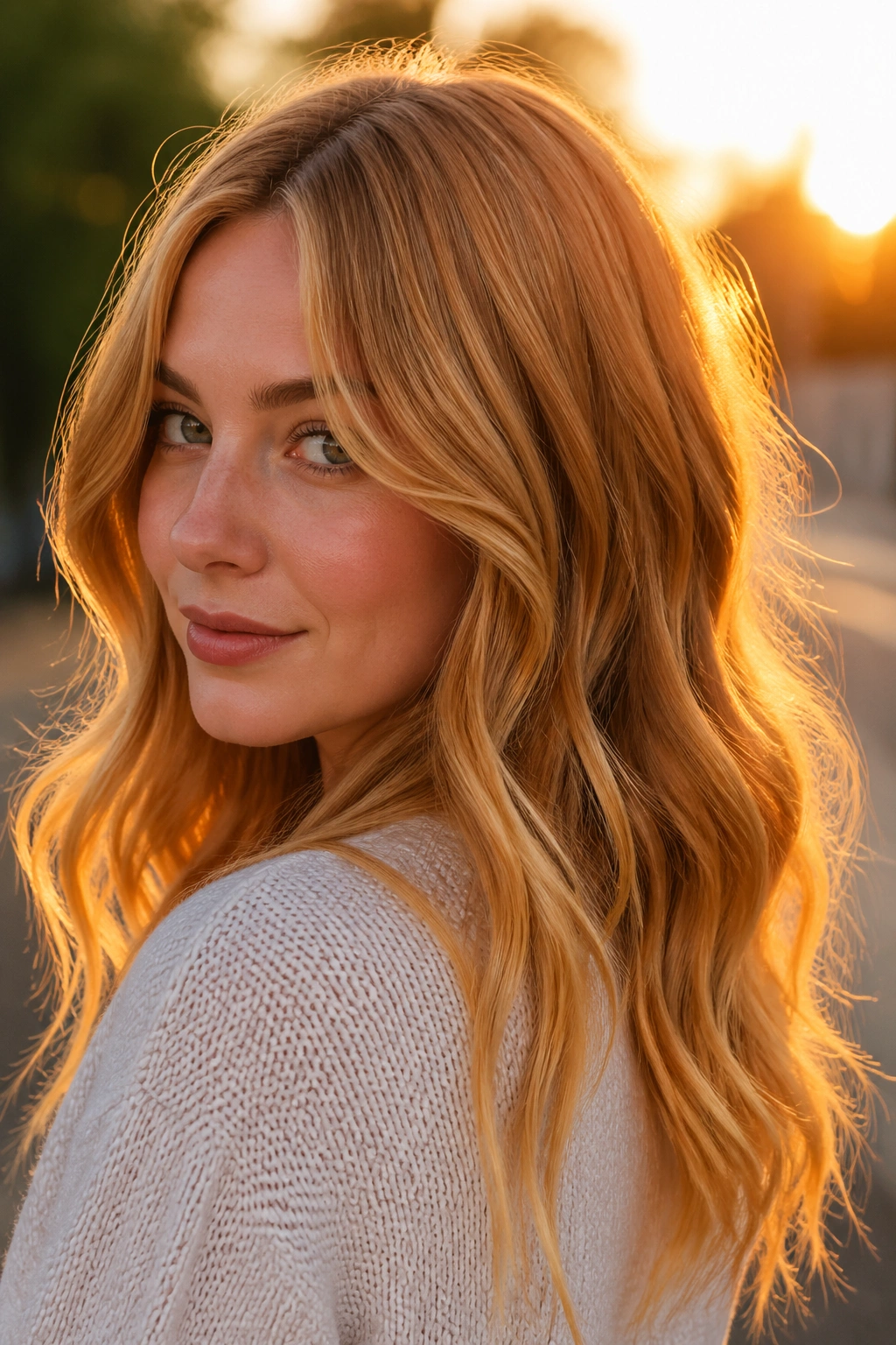 Close-up of golden copper blonde hair on a real person during golden hour