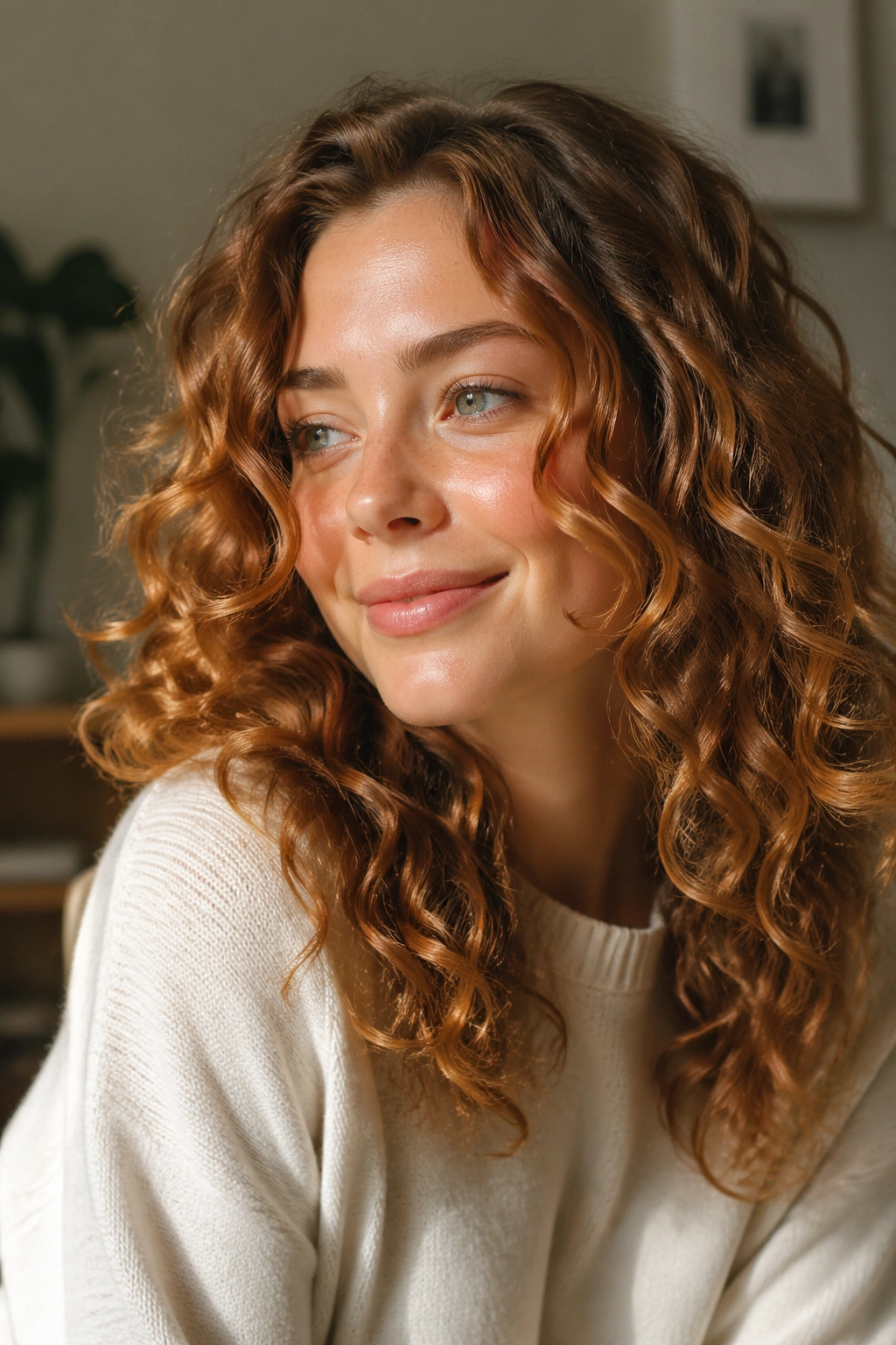 Close-up portrait of a woman with golden copper curls in warm light