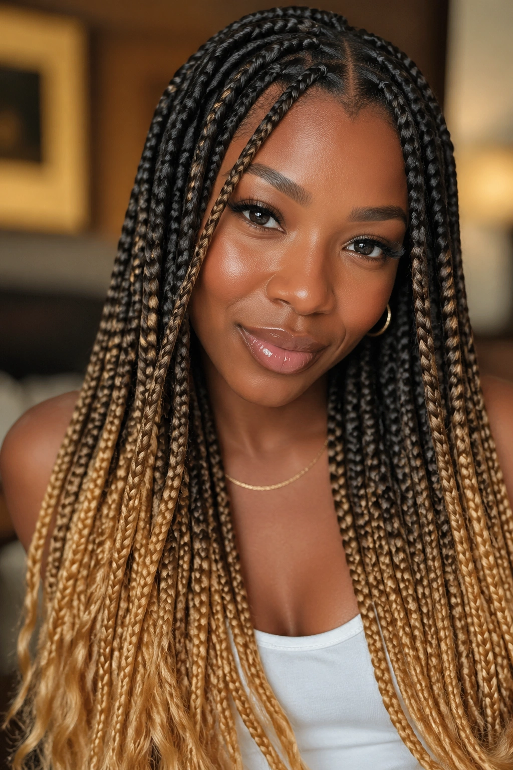 Knotless box braids with espresso roots fading to golden ends