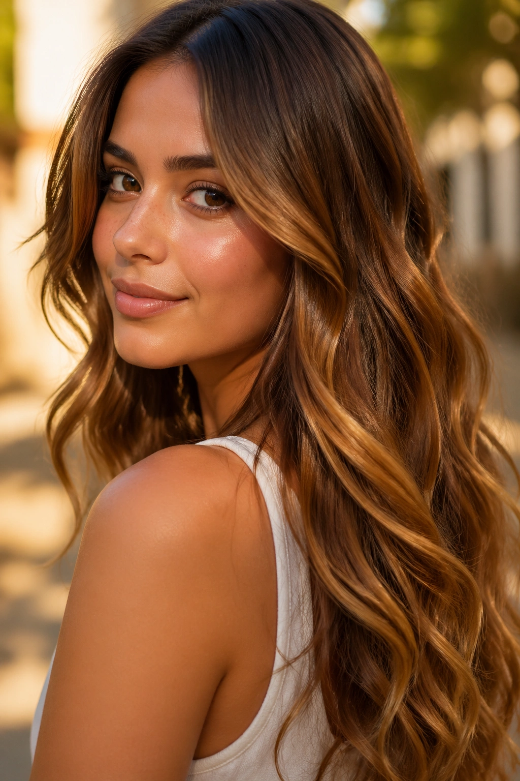 Long hair with golden toffee balayage in sunny outdoor light