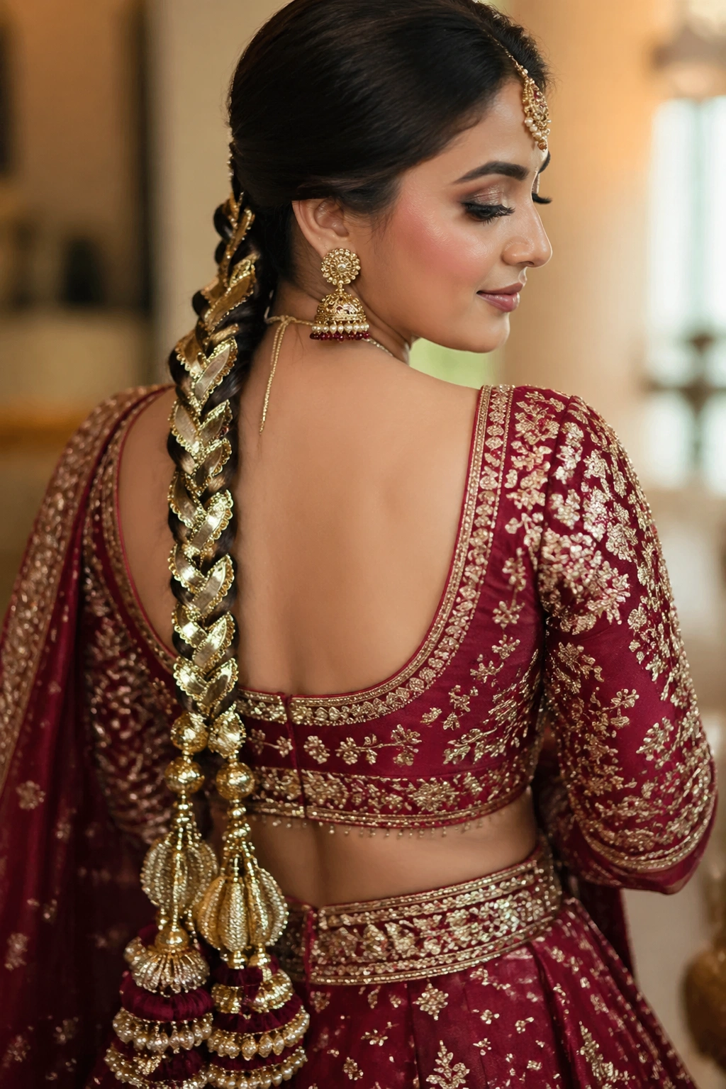 Close-up of gota patti parandi braid on a real bride