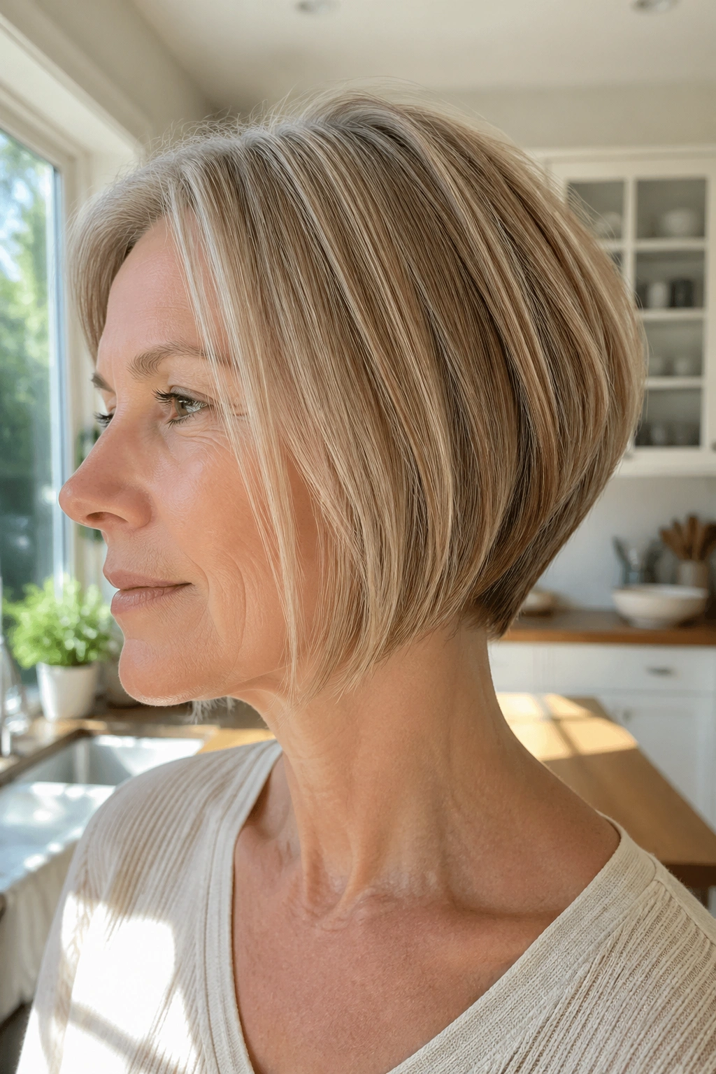 Close-up portrait of a real person with a graduated bob for fine hair showing stacked back and longer front